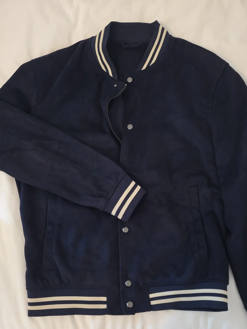 Men's Navy Bomber Jacket with Contrast Stripe Trim